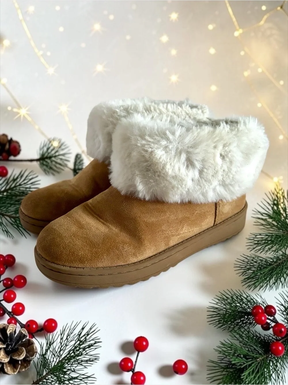 Thereabouts Kaylee Faux‑Fur Slippers | Tan Suede House Shoes | Big Girls Size 4M